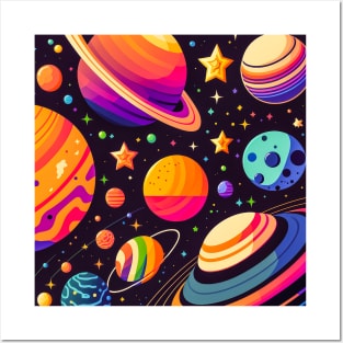 Cosmic Harmony: Brightly Colored Flat Vector Illustration of Planets and Stars in the Solar System Posters and Art